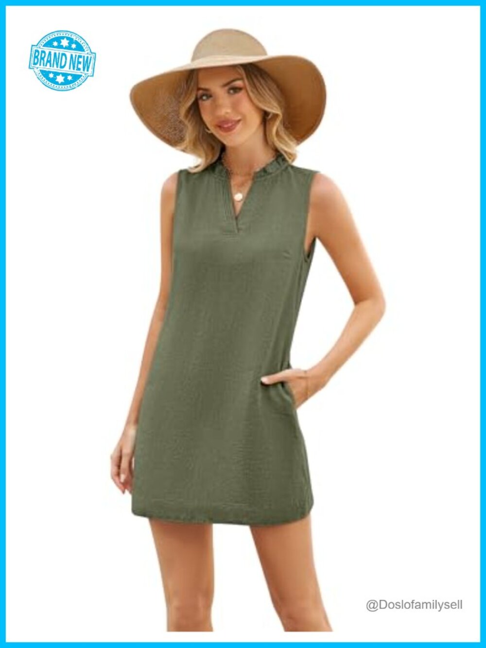 100% Linen Midi Dress V Neck Ruffle Collar Pockets Sleeveless Summer